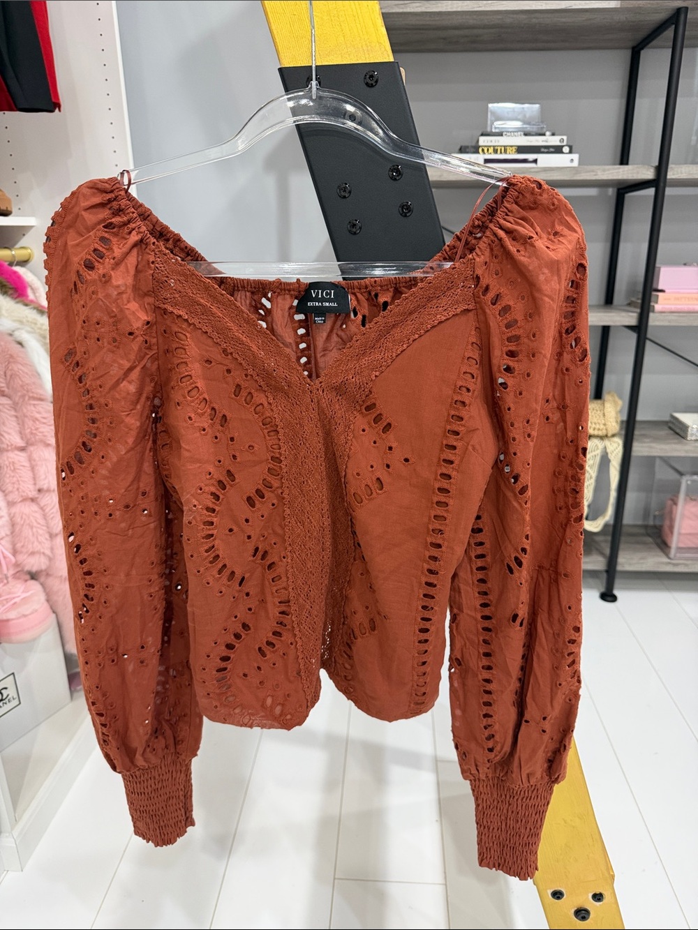VICI Rust Eyelet Puff Sleeve Lace-Trim Blouse